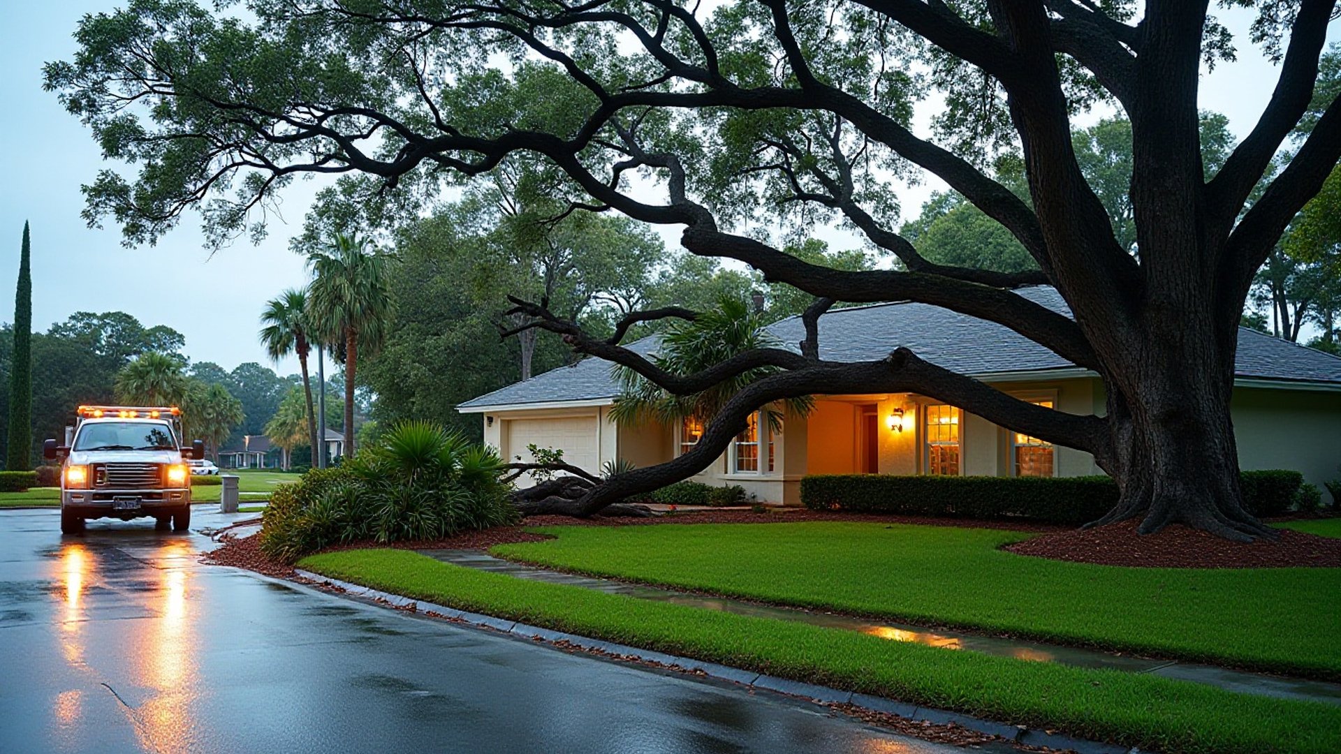 Uprooted laurel oak lying across a flooded Orlando-area front yard after a hurricane, with debris piles along the street