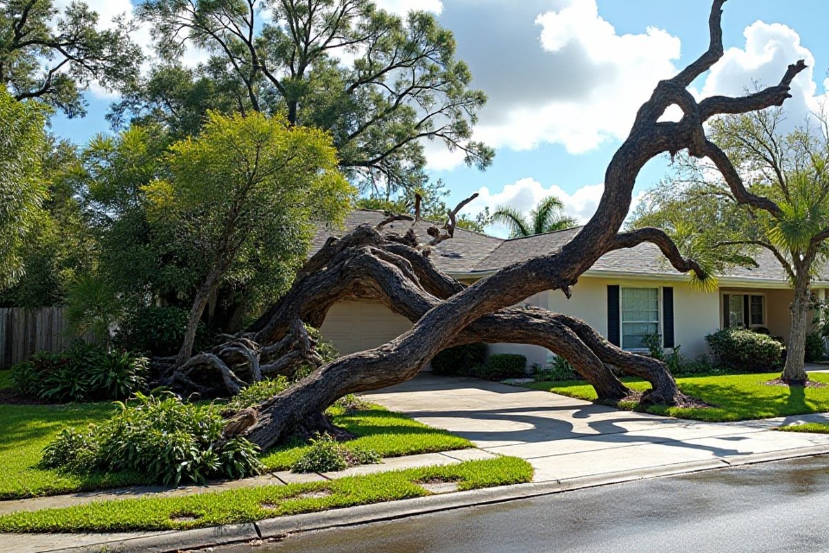 Large storm-broken oak lying across the front yard of a one-story home