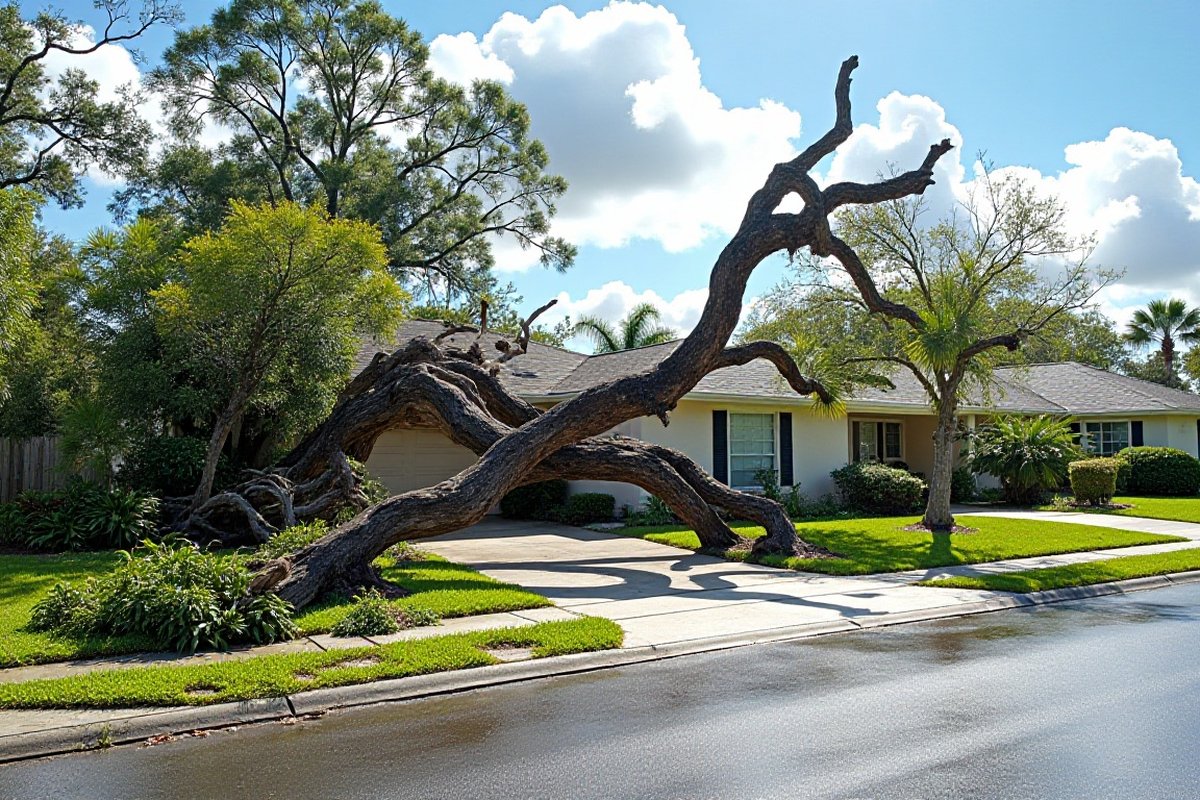 Fallen oak lying across a front lawn and driveway after a Central Florida storm
