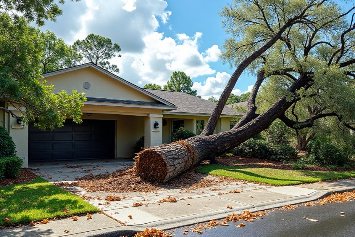Large oak fallen across a driveway in front of a garage after a storm