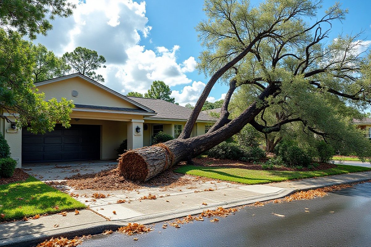 Fallen oak trunk blocking the driveway of a Central Florida home after a storm