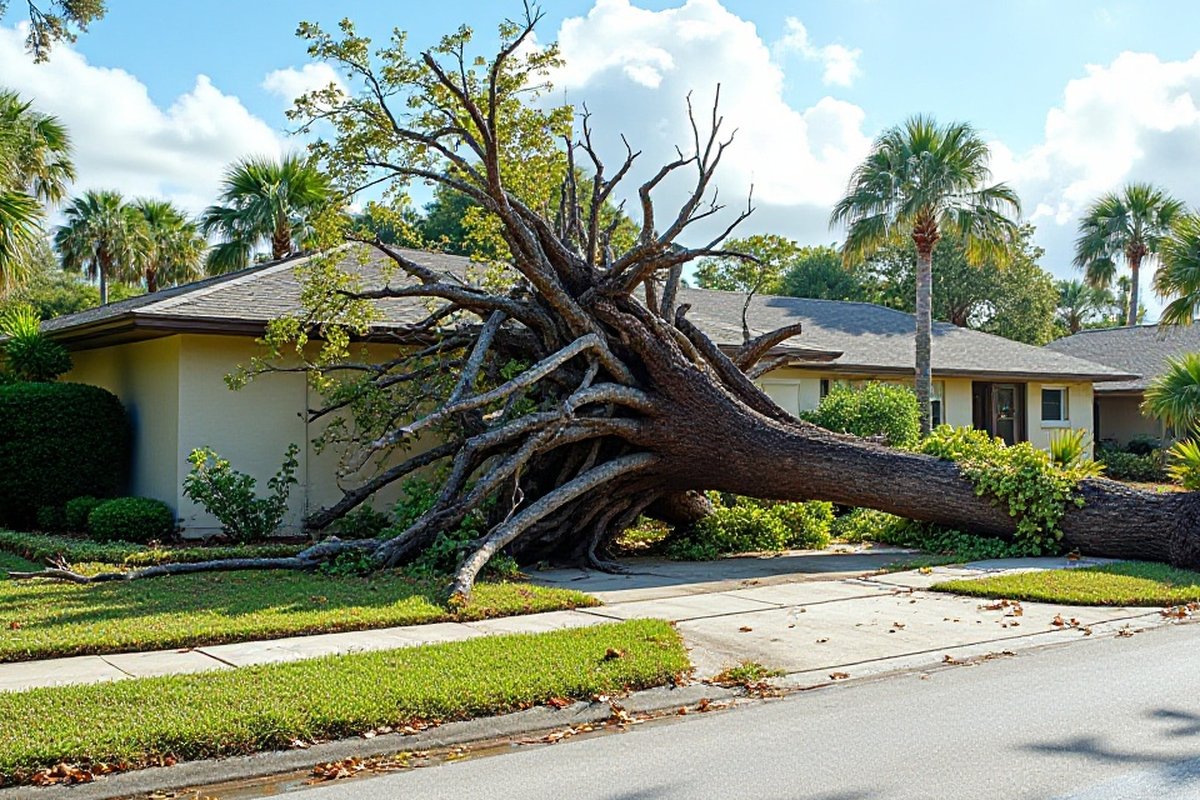 Root plate of an uprooted oak standing on edge in wet sandy soil in a Central Florida yard