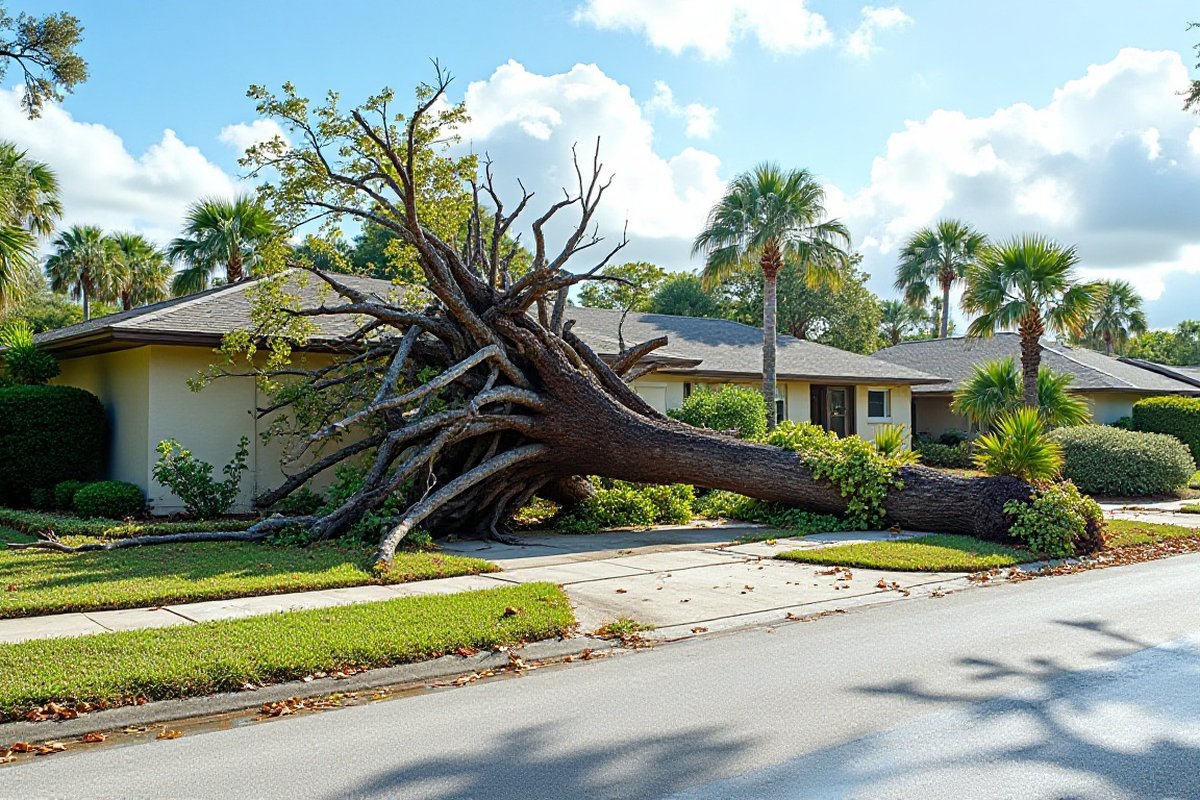 Large oak uprooted beside a Central Florida street after a storm, its root plate lifted out of wet ground