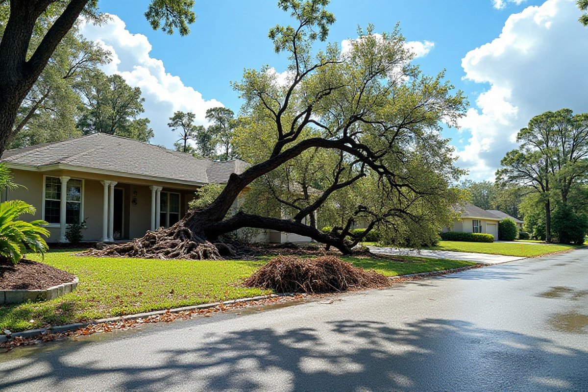 Uprooted tree lying across a yard without touching the house