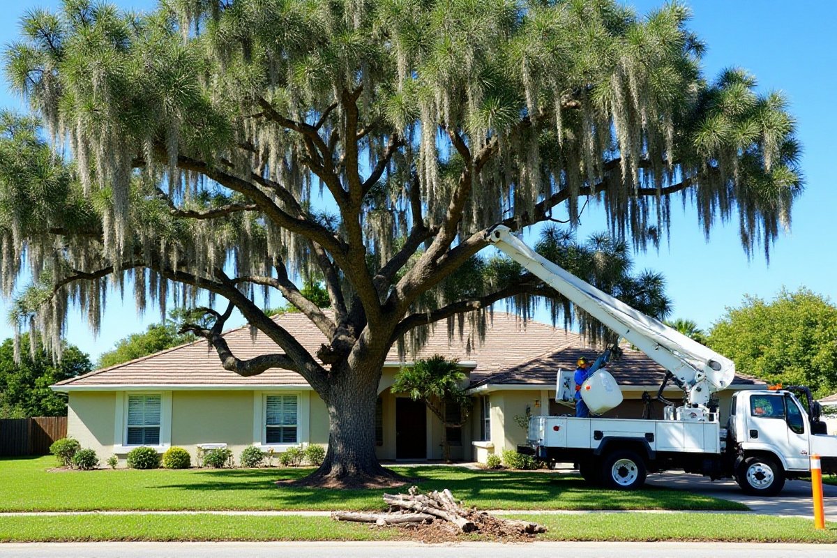 Large live oak beside a residential street being pruned from a bucket truck, with cut limbs on the grass