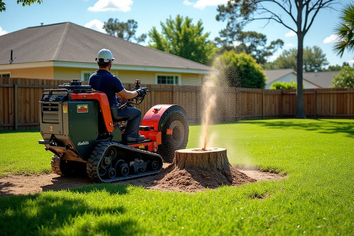 Stump grinder throwing wood chips as it grinds an oak stump in a fenced back yard