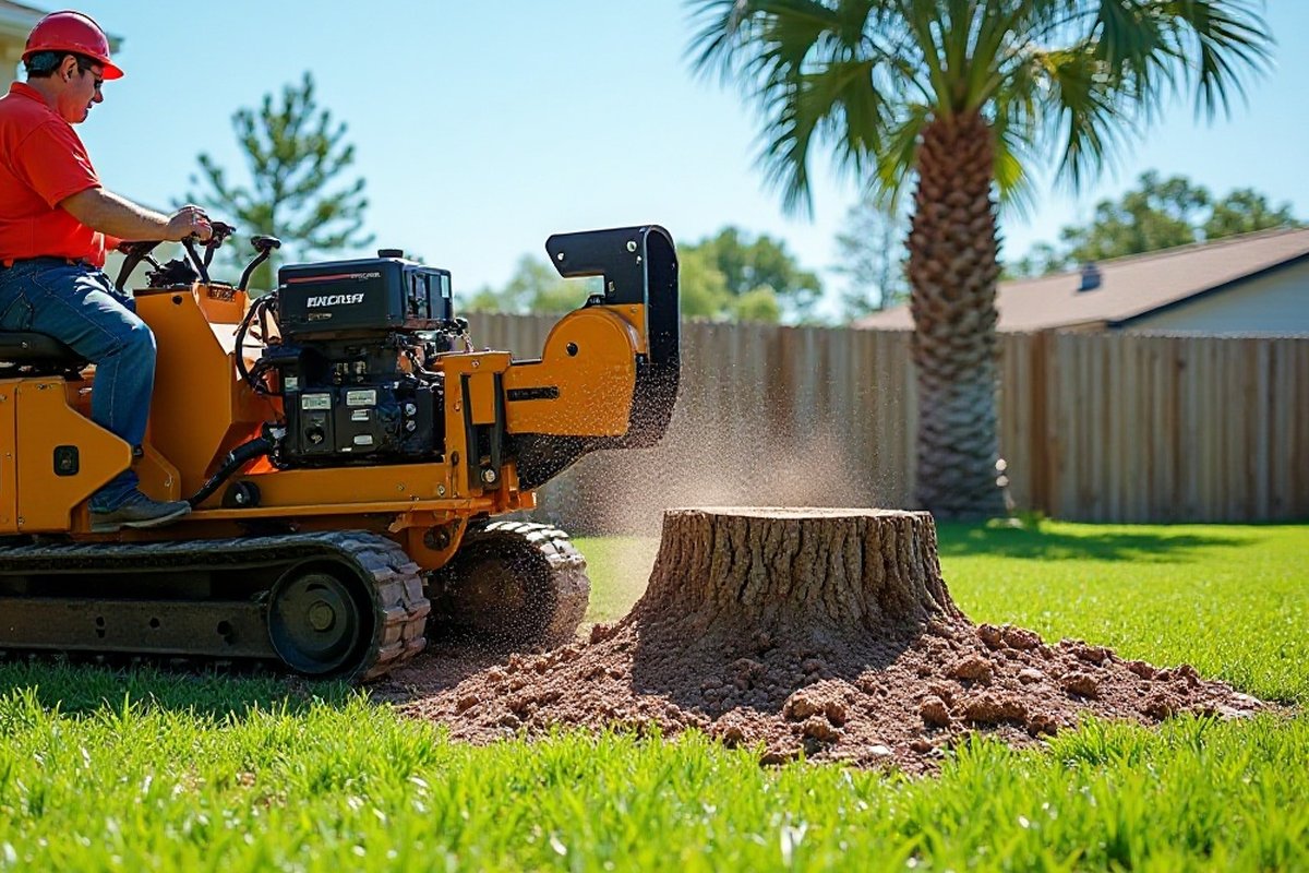 Tracked stump grinder beside an oak stump and a pile of chips in a sunny yard with a palm