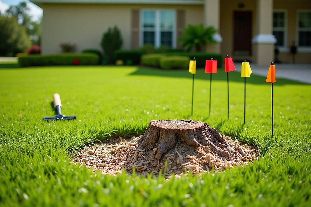 Low tree stump in a front lawn with a row of red, yellow and orange utility marker flags standing beside it