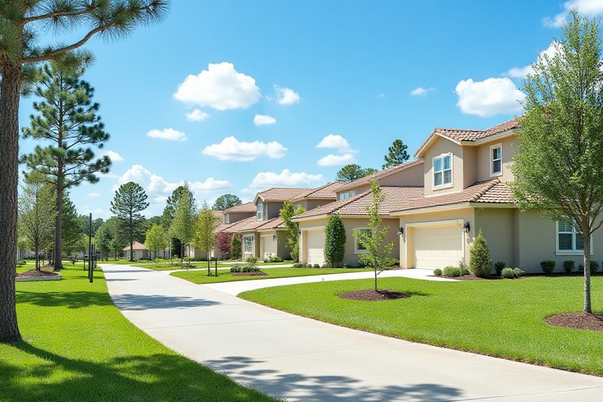 Newer Central Florida subdivision with young trees along the sidewalks and tall pines left standing
