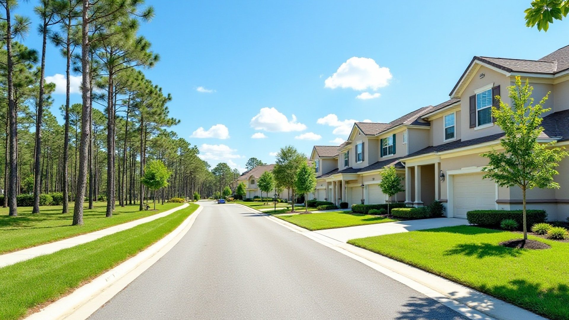 Tall pines left standing beside a newer subdivision street of two-story homes with young trees