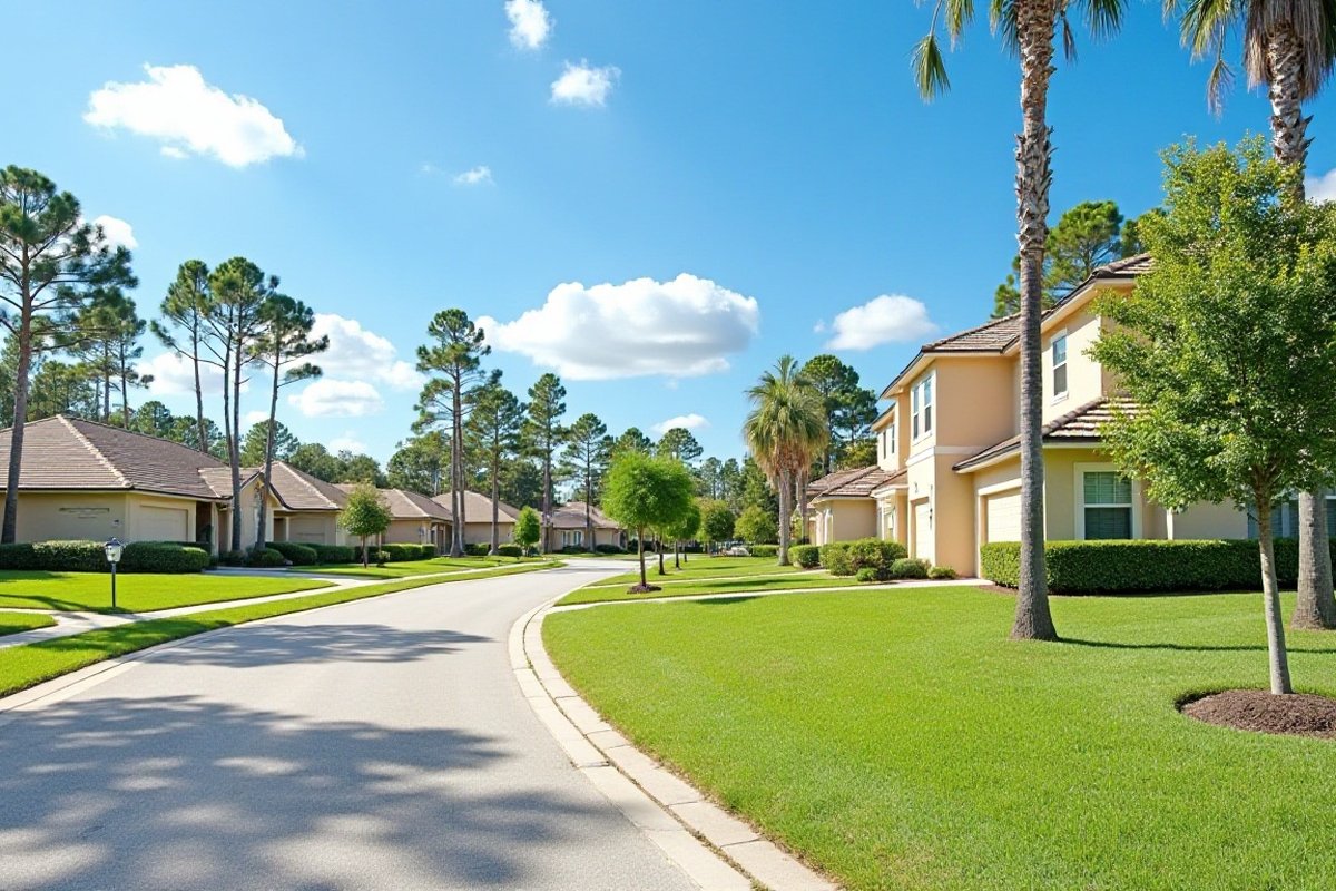 Young trees and palms along the sidewalk of a newer subdivision with two-story homes