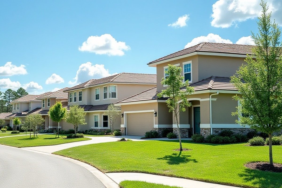 Row of young trees along a sidewalk in a planned Orlando-area neighborhood