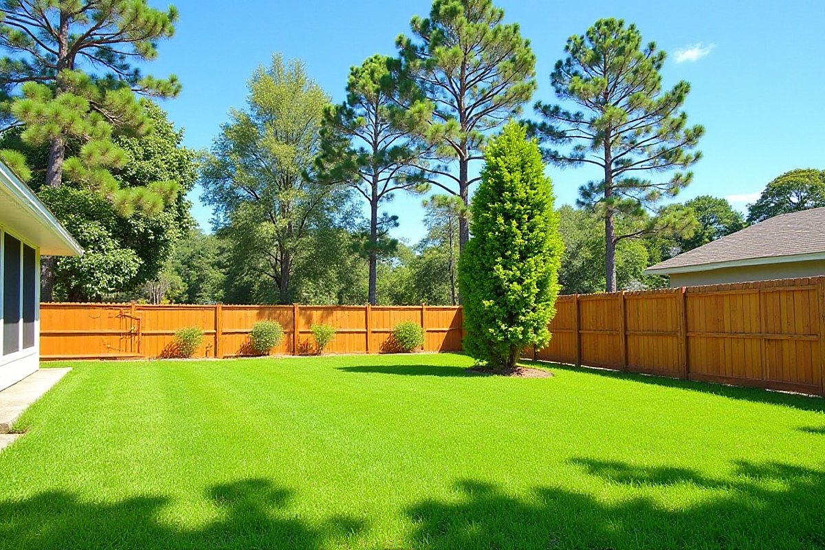 Tall pines rising just past the wooden privacy fence of a back yard, with a young tree on the lawn