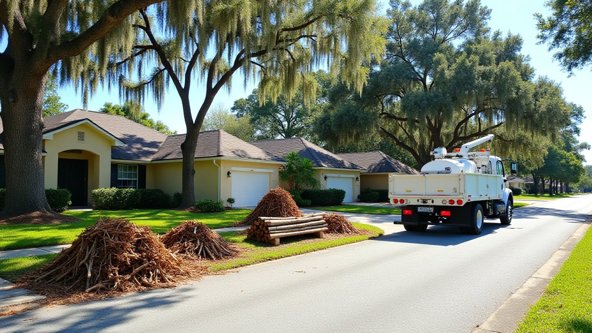 Large pile of cut oak limbs and logs on the front lawn of an Orlando home waiting to be chipped and hauled away