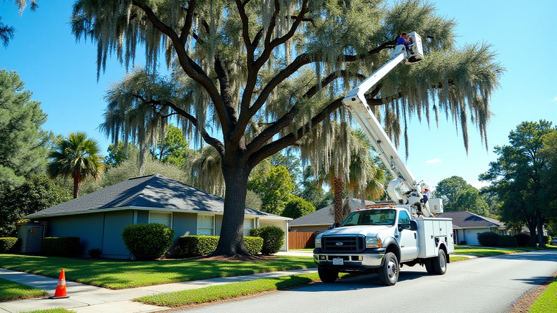Arborist in a bucket truck trimming the crown of a live oak over a quiet Orlando street