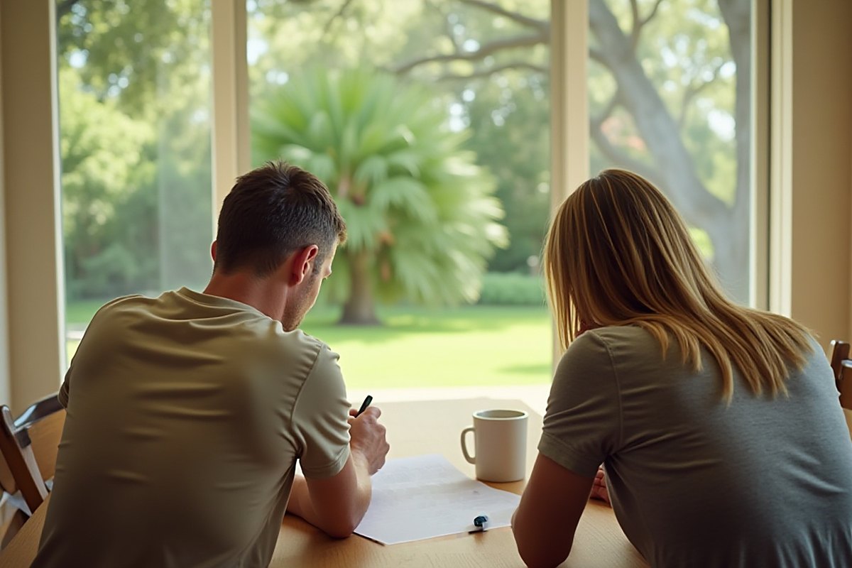 Two people seen from behind at a kitchen table going over a sheet of paper, with a palm and a large oak outside the window