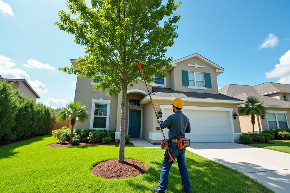 Arborist pruning a young live oak in the front yard of a newer two-story home in Winter Garden