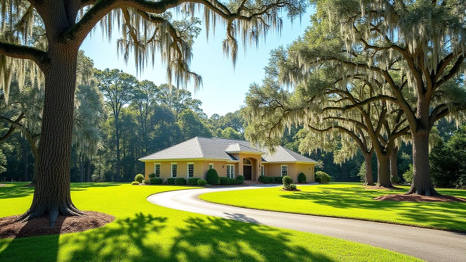 Single-story stucco home on a wooded lot, with mossy live oaks and tall pines around a curving driveway