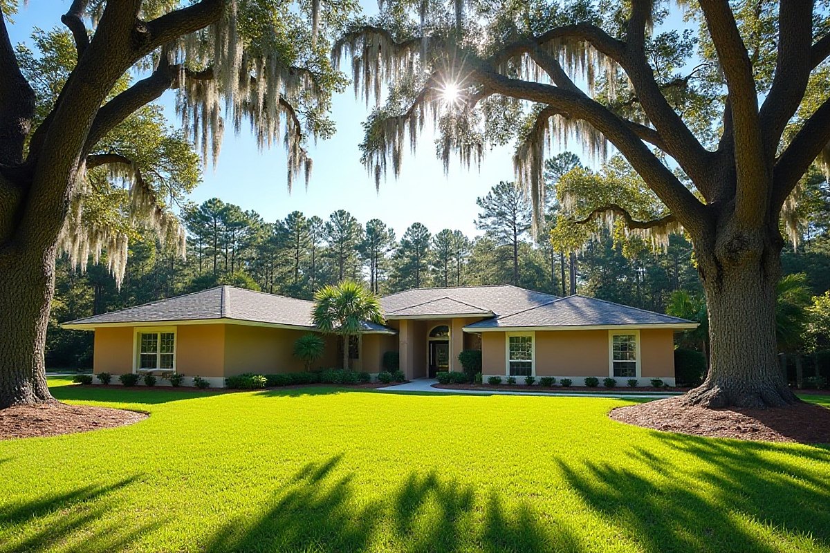 Single-story tan stucco home on a wooded lot, framed by two large live oaks with tall pines behind