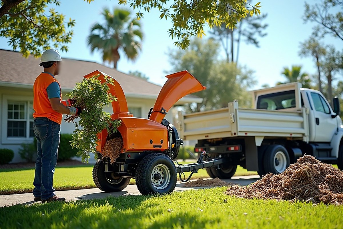 Worker in a hard hat and safety vest feeding leafy branches into a wood chipper at the curb, with a dump truck and a pile of wood chips