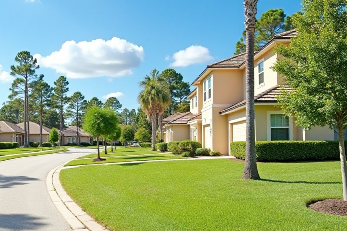 Young shade tree with one straight central trunk on a newer Central Florida lawn
